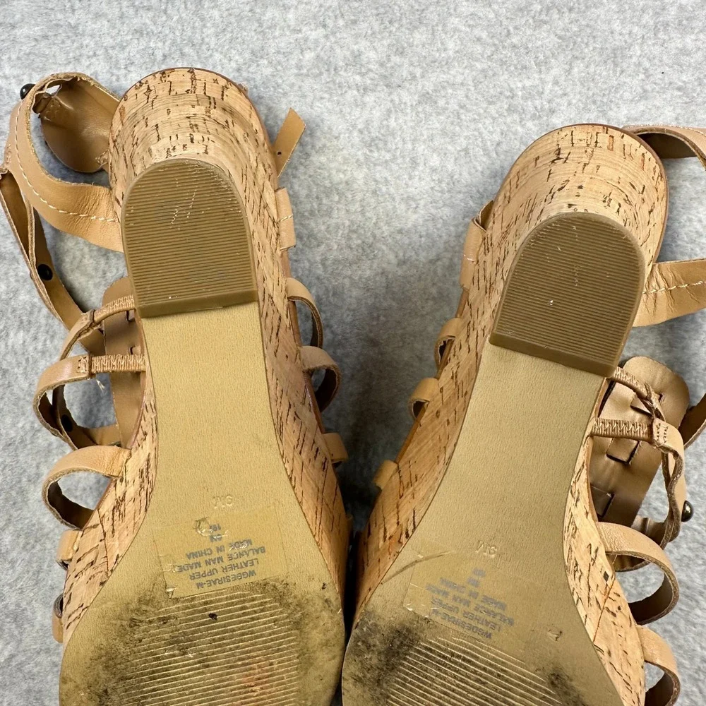 Guess Gladiator Tan Leather Cork Platform Wedge Strappy Sandals Women 9M Studded